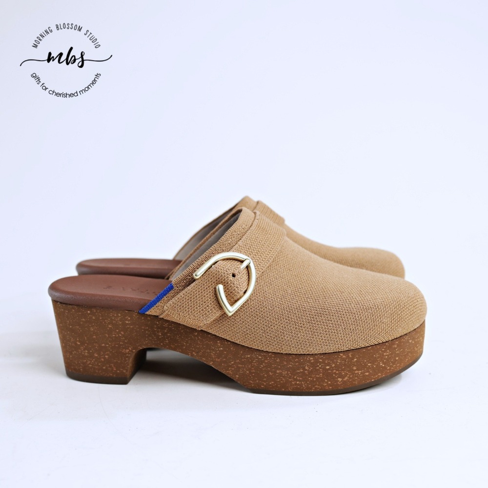 Rothy's Tan Canvas Clog Mules with Gold Buckle